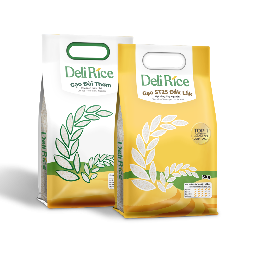 Combo mix 2 túi gạo ST25 và Đài Thơm Deli Rice - túi 5kg tơi xốp, dẻo thơm, thượng hạng 100% Organic - TOMAX